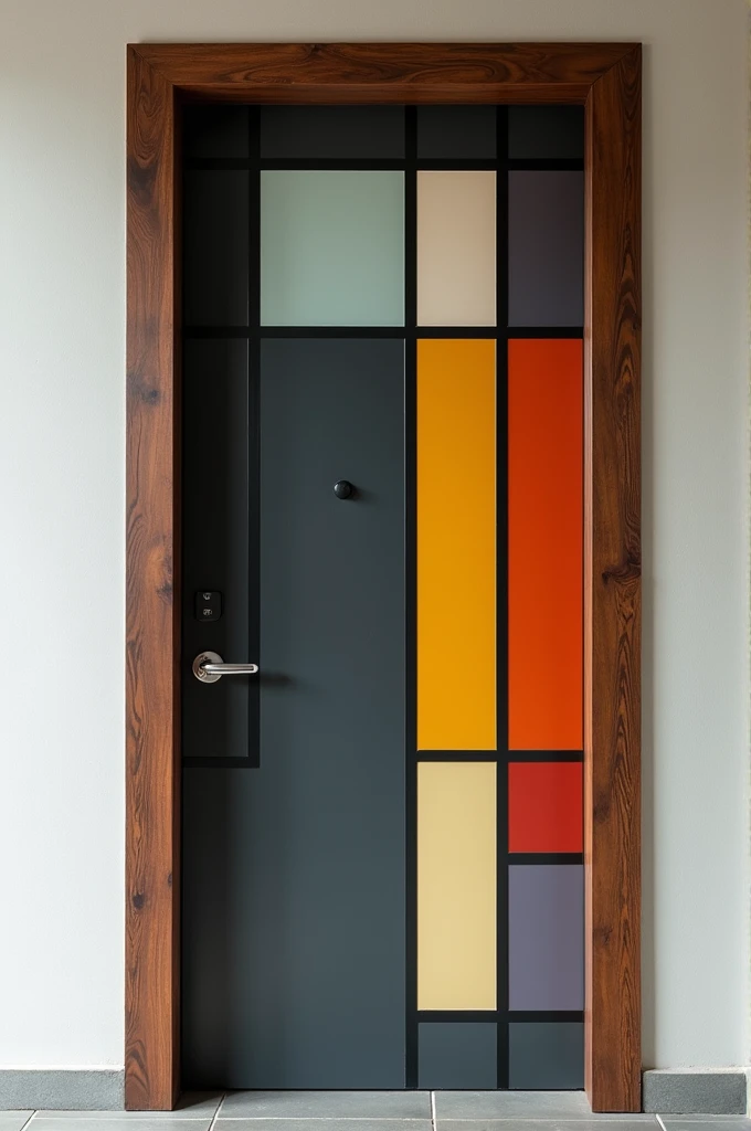 Door smooth, with horizontal interlock dividing it into 3 equal dark gray parts of 1,90 m high by 0,8 wide. Subdivide into colored rectangles and squares, like Piet Mondrian's composition A. More geometric shapes. Mix the colors