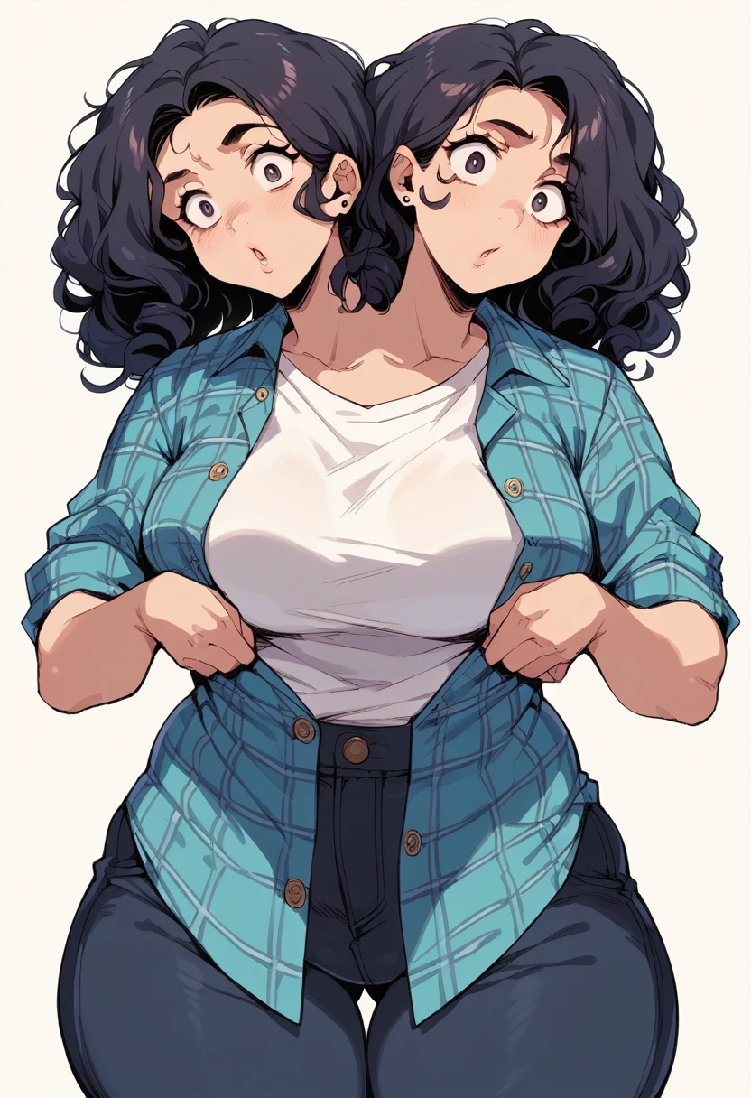 2heads, a thick woman with two heads. She is in a call center with cubicles. She is wearing an unbuttoned plaid flannel shirt, T-shirt underneath, and black pants. She has messy long curly dark hair. She has baggy eyes. Tall, amazoness appearance. She has big thighs.