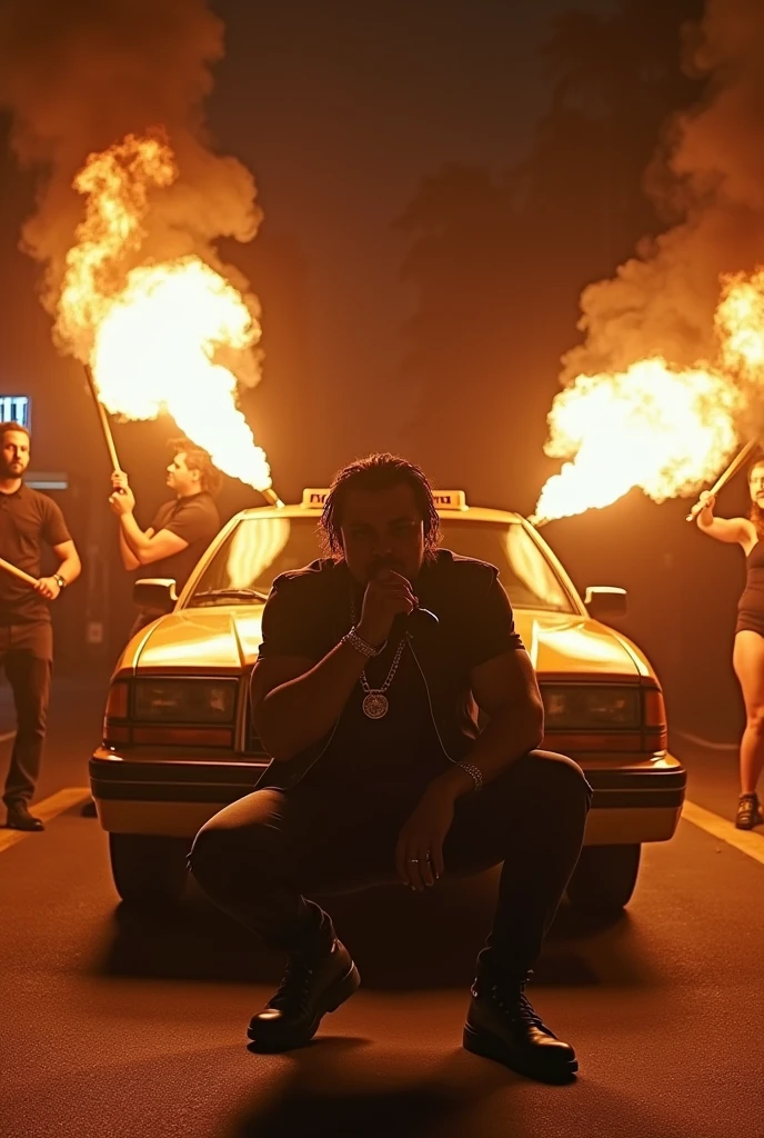 Create a thumbnail for the music video street kings holding baseball bat on top of taxi another second fire torches, one of them two breathing fire from their mouths, a main one singing crouched down, night ambience