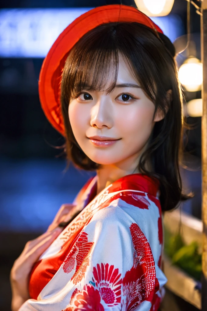 best quality, 8k, very delicate and beautiful, highly detailed face and skin texture, shiny skin, high resolution, sexy japanese girl in kimono on street at night, sharp focus
