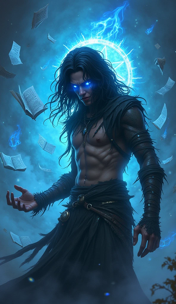 die,Blood,night, dark, (Fantasy),unlimited,Deep blue sky,The abyss of Knowledge,Knowledge,((masterpiece)), (((Highest quality))),((Beautiful attention to detail)),(eyelash),monster,(1 person),Black Hair,Wavy Hair,Eye of the Abyss,Glowing Skin,Oil,(Bird's body,feather),Wearing rags, Tzeentch,Fairy,extremely detailed CG unity 8k wallpaper,masterpiece, ((Very detailed)), ((figure)),colorful,wallpaper,energy,Fear of the unknown,Mysterious,Around the magic,Magical Surroundings,Magic wand,Book,Pages flying through the sky,Know it all,Predicting the future,Know the past,unlimited wisdom,Blue Flame,Warlock,Magic Wheel,Pentagram,incantation,Mantra,Singing Magic,