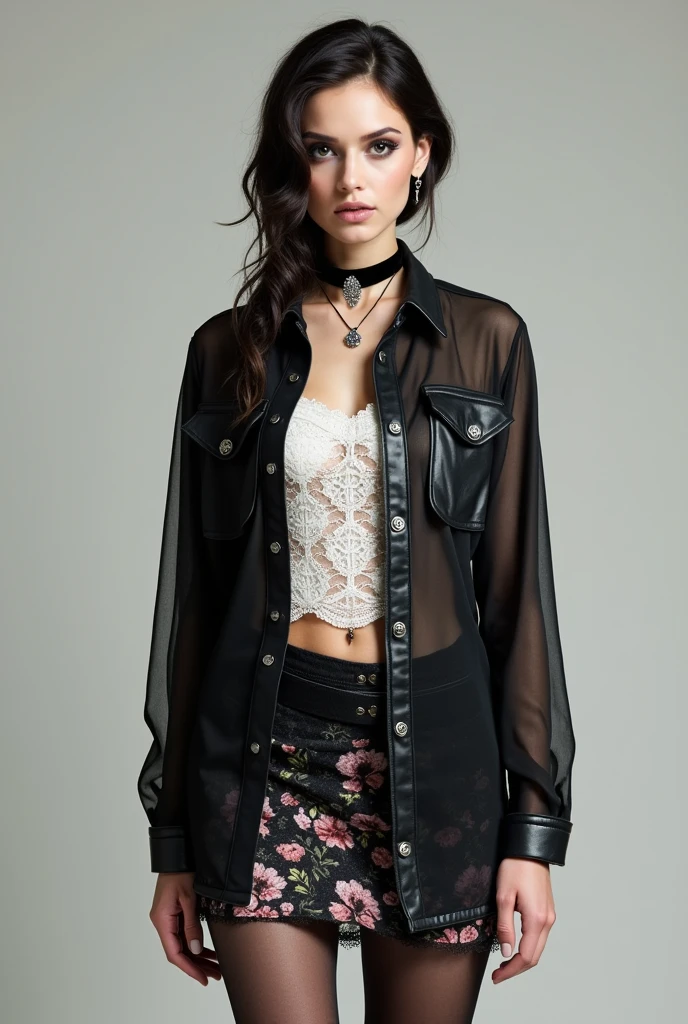 black mesh shirt over a white lace top, paired with a black pencil skirt with a rose print in pink and white tones. Completed with white thigh-high stockings, Black flat leather ankle boots with silver buckles, a black velvet choker with a silver rose pendant, and a smoky eye makeup with lips in a muted pink tone.
femboy