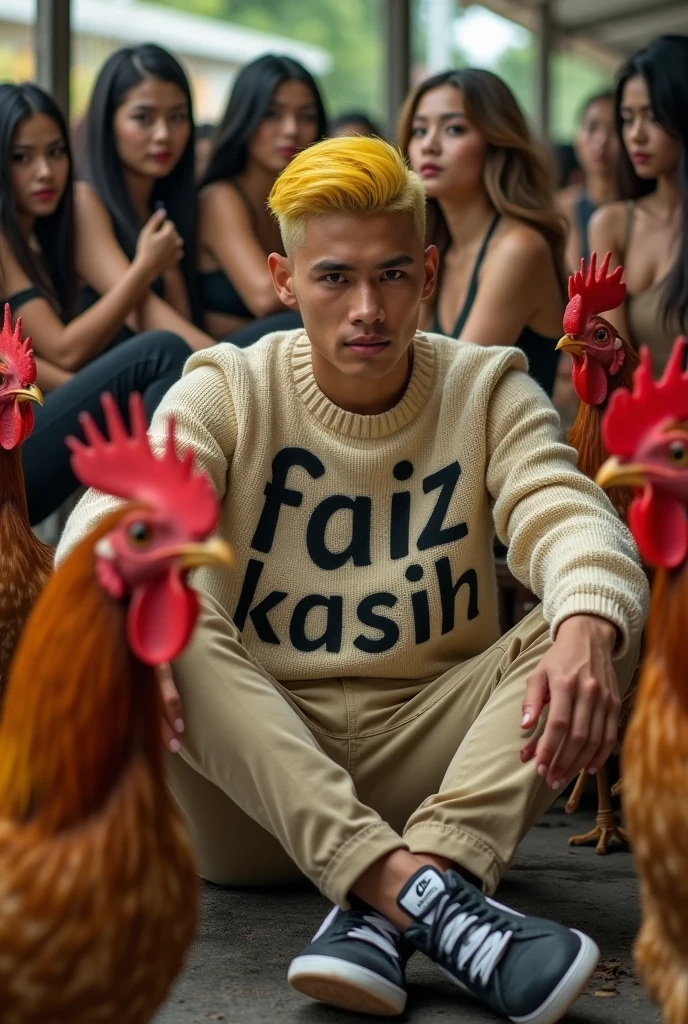 make me a hyper realistic photography HD 18K photo showing a handsome Indonesian man with yellow skin, yellow hair neatly parted on the side, wearing a crewneck sweater containing "Faiz Kasih" with complicated font style, beige chino pants and black and white Nike shoes. The man is seen sitting while bathing Bangkok chickens. in the background there are many beautiful, sexy women looking at the men around them.