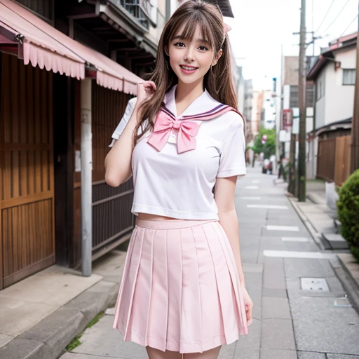 laughing out loud,Wearing a pink student sailor uniform, The sailor suit is a white base with a pink bow tie and a pink collar.,Pink pleated skirt,(knee shot), 1 girl, On the face, light brown hair, blunt bangs, hair behind ears, Hair over the shoulders, long hair, Slender body type, Super thin face, face slimming, delicate lips, beautiful eyes, Thin blush, Eyes are light brown,Check it out here, (realistic:1.3), Standing next to a Japanese street, 8k, , Super detailed, high quality, best quality, High resolution, ,Large Breasts,H CUP,
