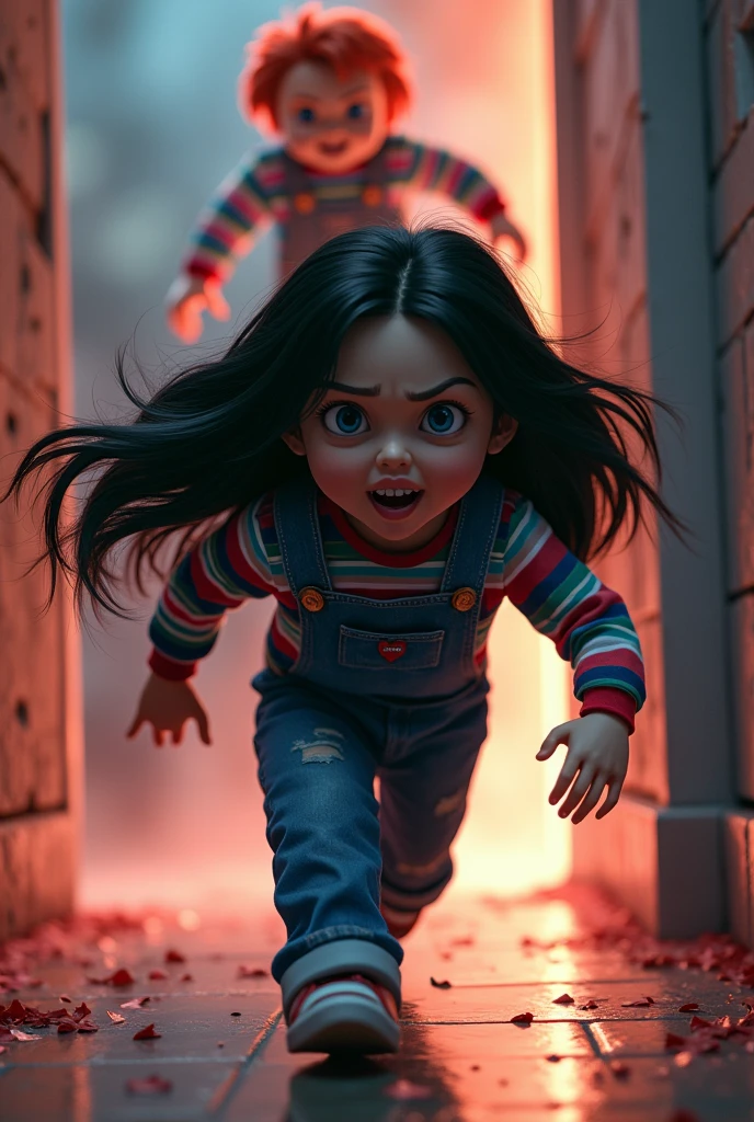 drawing of a black haired girl escaping from a very angry chucky roblox style very roblox style