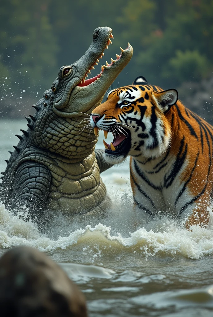 Crocodile attack a tiger while swimming