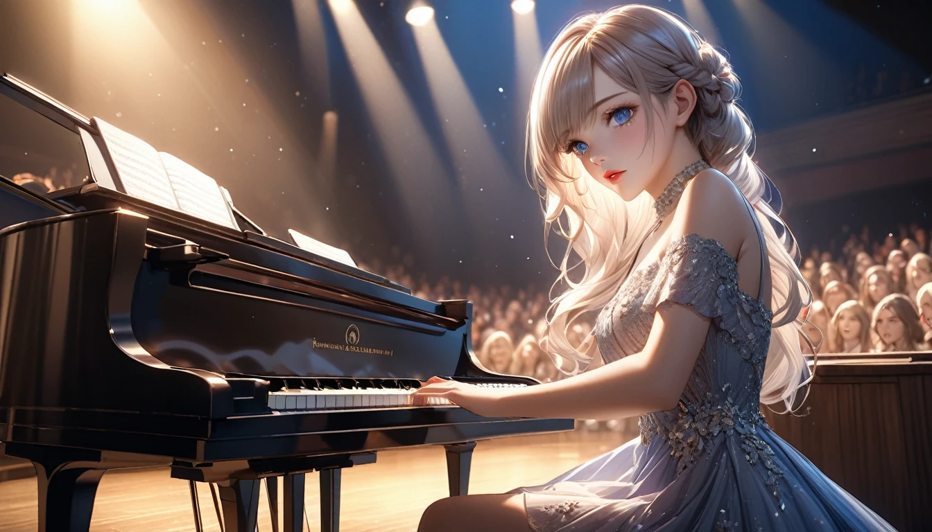 a small and fashionable concert hall, anime, 1girl, solo, sitting on stage, playing piano, beautiful detailed eyes, beautiful detailed lips, extremely detailed face, long eyelashes, elegant dress, spotlight, dramatic lighting, soft warm colors, cinematic composition, (best quality,4k,8k,highres,masterpiece:1.2),ultra-detailed,(realistic,photorealistic,photo-realistic:1.37),very long shot
