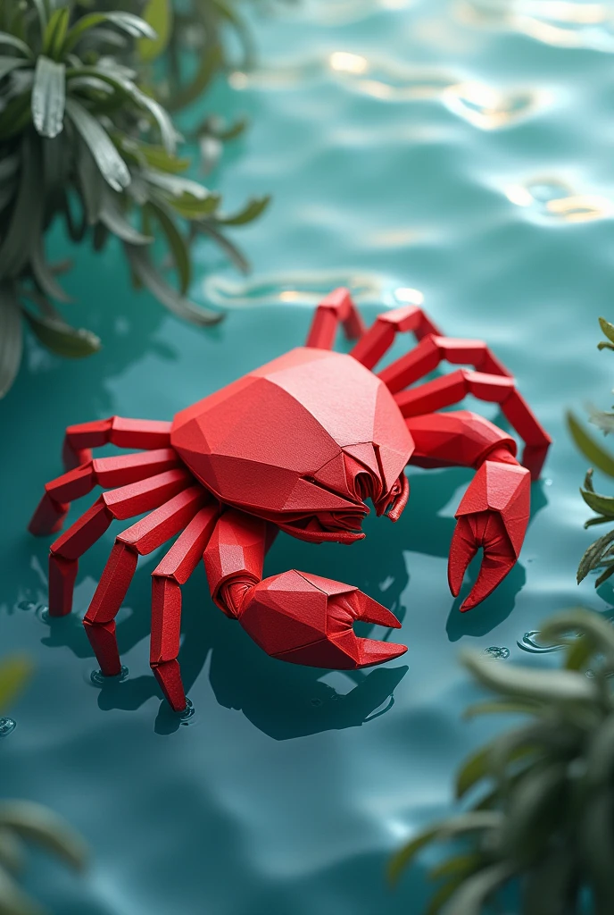 best quality, masterpiece, extremely detailed, origami, red crab, water waves, seaweed,