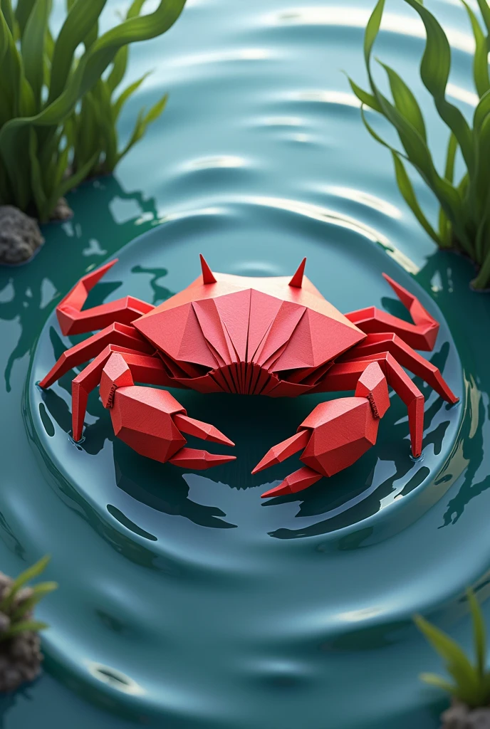 best quality, masterpiece, extremely detailed, origami, red crab, water waves, seaweed, 
