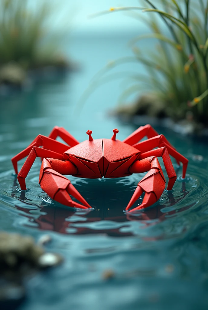 best quality, masterpiece, extremely detailed, origami, red crab, water waves, seaweed,