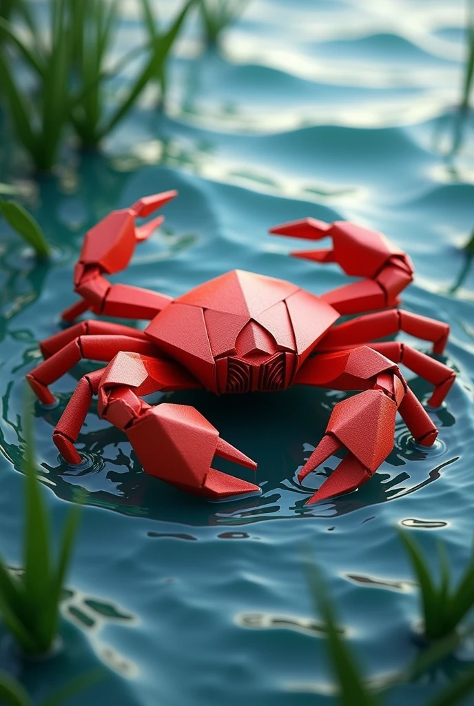 best quality, masterpiece, extremely detailed, origami, red crab, water waves, seaweed, 