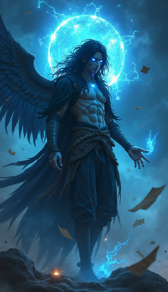 die,Blood,night, dark, (Fantasy),unlimited,Deep blue sky,The abyss of Knowledge,Knowledge,((masterpiece)), (((Highest quality))),((Beautiful attention to detail)),(eyelash),monster,(1 person),Black Hair,Wavy Hair,Eye of the Abyss,Glowing Skin,Oil,(Bird&#39;s body,feather),Wearing rags, Tzeentch,Fairy,extremely detailed CG unity 8k wallpaper,masterpiece, ((Very detailed)), ((figure)),colorful,wallpaper,energy,Fear of the unknown,Mysterious,Around the magic,Magical Surroundings,Magic wand,Book,Pages flying through the sky,Know it all,Predicting the future,Know the past,unlimited wisdom,Blue Flame,Warlock,Magic Wheel,Pentagram,incantation,Mantra,Singing Magic,