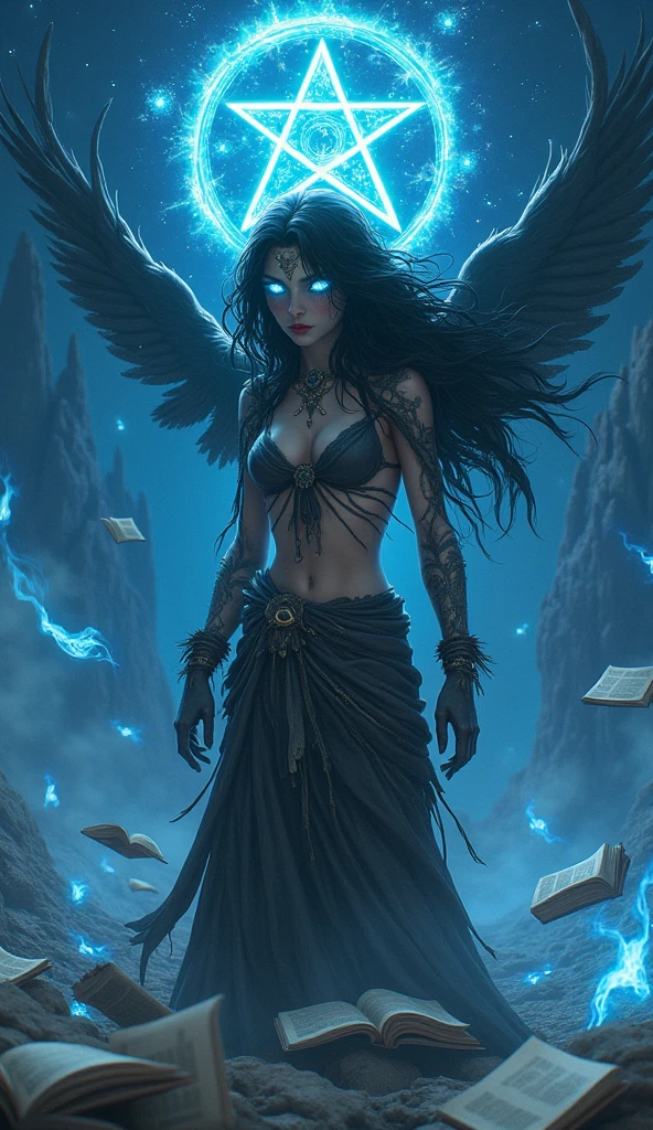 die,Blood,night, dark, (Fantasy),unlimited,Deep blue sky,The abyss of Knowledge,Knowledge,((masterpiece)), (((Highest quality))),((Beautiful attention to detail)),(eyelash),monster,(1 person),Black Hair,Wavy Hair,Eye of the Abyss,Glowing Skin,Oil,(Bird's body,feather),Wearing rags, Tzeentch,Fairy,extremely detailed CG unity 8k wallpaper,masterpiece, ((Very detailed)), ((figure)),colorful,wallpaper,energy,Fear of the unknown,Mysterious,Around the magic,Magical Surroundings,Magic wand,Book,Pages flying through the sky,Know it all,Predicting the future,Know the past,unlimited wisdom,Blue Flame,Warlock,Magic Wheel,Pentagram,incantation,Mantra,Singing Magic,