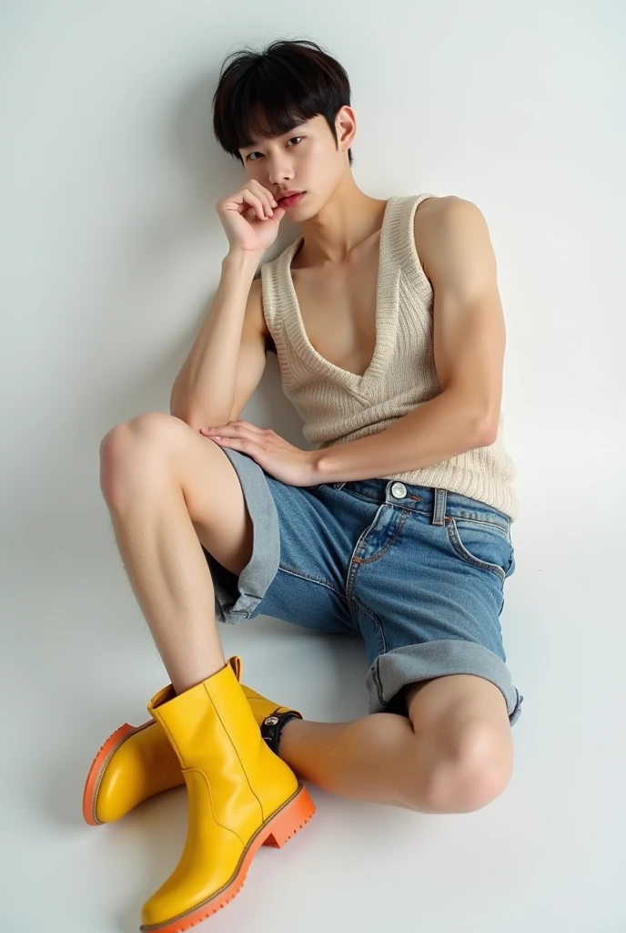 Realistic photo of a 24 year old Korean boy, pale face, beautiful  face, Muscular and strong body, dark brown hair with straight bangs, wearing short sweater vest, wearing loose wide hip hop style denim shorts, wearing yellow boots, white background , lying down, lying down, making sexy gestures, fully body, posing for photo shoot, doing sexy poses, biting the lips 