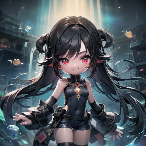 ((masterpiece、Highest quality))、(Complex lighting)、morning、sun、Swimming in the sea、(Lots of glowing bubbles flutter)、Small devil、solo、Whole Body Ezbian、One Girl、Red eyes、Long black hair、Tank top shirt、Jeans Shorts、Absurd, Grayscale BreakGuess Gaze、(Wicked Smile:1.4)、Looking at the audience、Sharp teeth、(pupils are small、eyes bright red:1.2)、Yandere、Little、