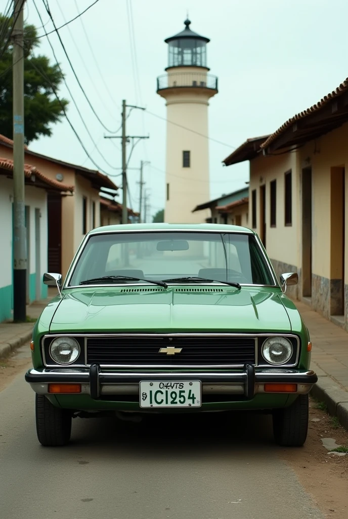 Latest release of the Chevette car in metallic green color, Chevrolet logo, plate with the initials ICS and the number 1954, square lighthouse, parked on a street of old and humble houses in northeastern Brazil.