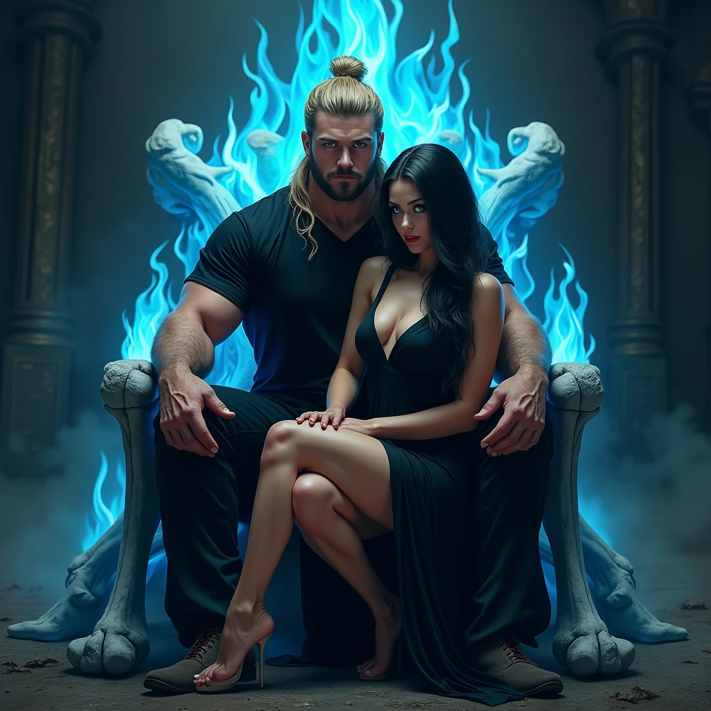 a burly man with green eyes, sitting nonchalantly on a throne of blue flaming bones, She has long blonde hair in a bun, exudes power and dominance, It is very attractive, is in a dark and gloomy place, He has a black shirt and black pants. ((A woman sitting on her legs)) The young and beautiful woman is intense blue eyes, long, straight, jet-black hair, she is very beautiful, hips a little wide, medium breasts, slim. She is wearing a tight and beautiful elegant black dress, which has a V-neckline and a leg slit. It's like a metaphor for Hades and Persephone.