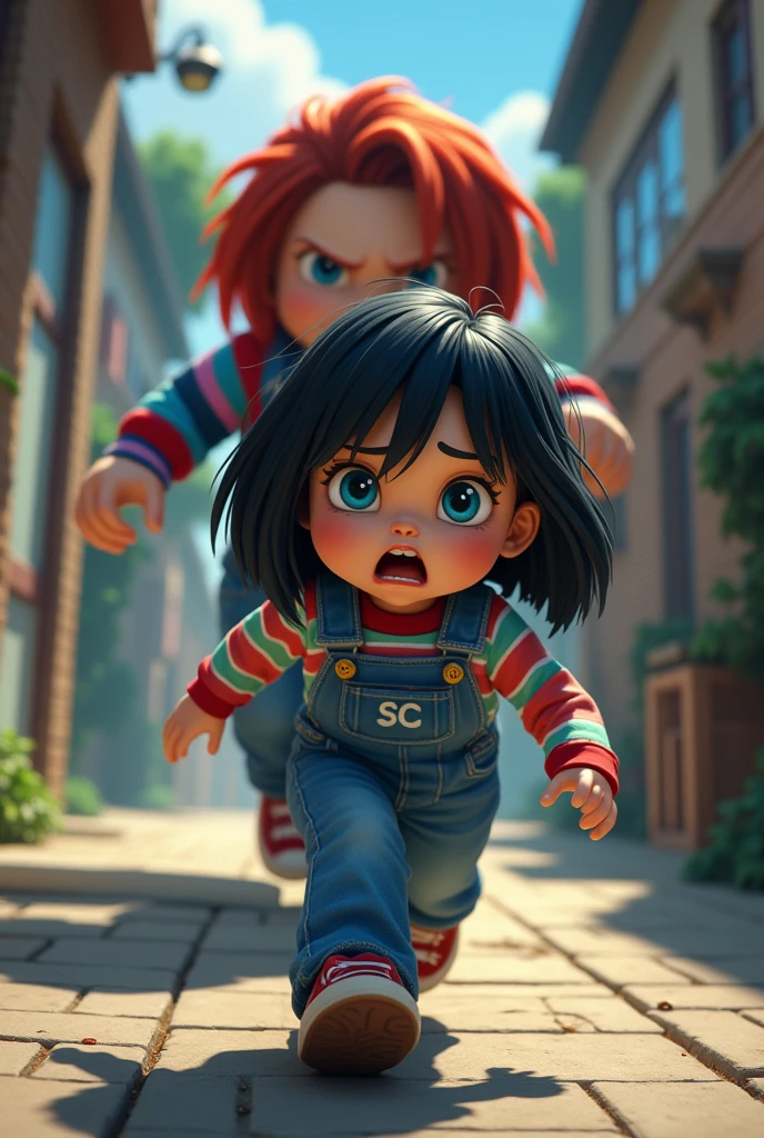drawing of a black haired girl escaping from a very angry chucky roblox style very roblox style roblox style