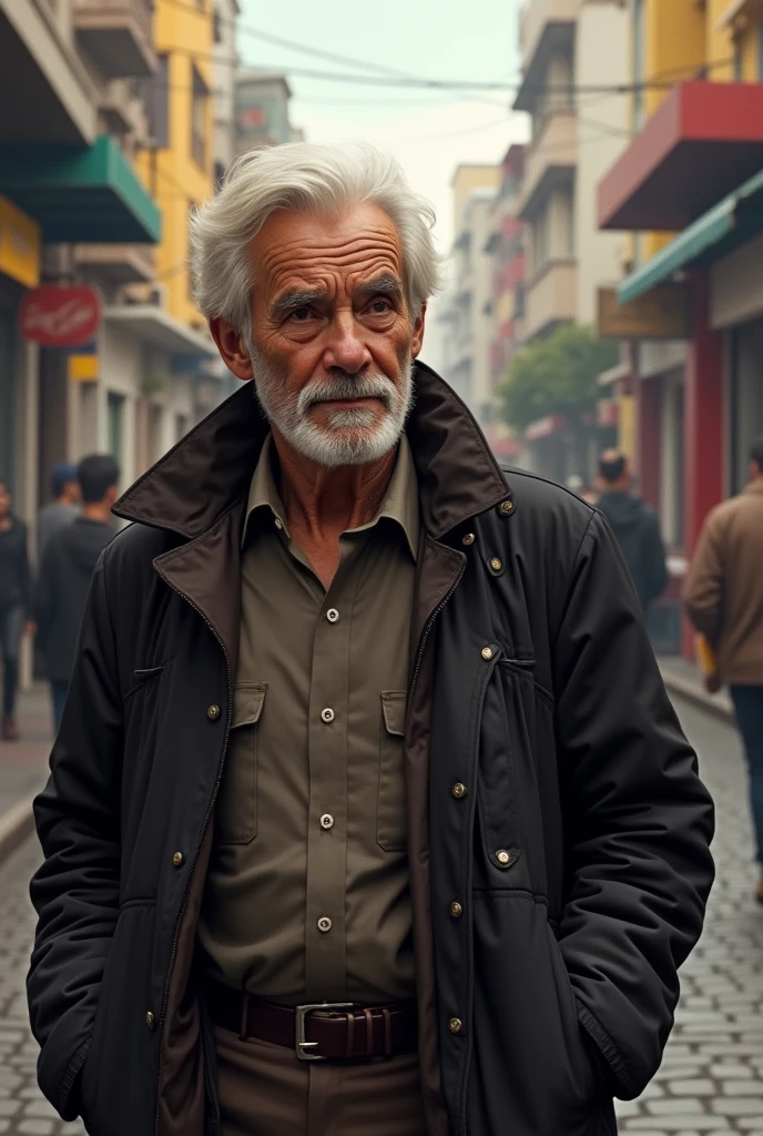 An older Paz Soldán, Walking down a street in Lima, with a serene and thoughtful countenance.