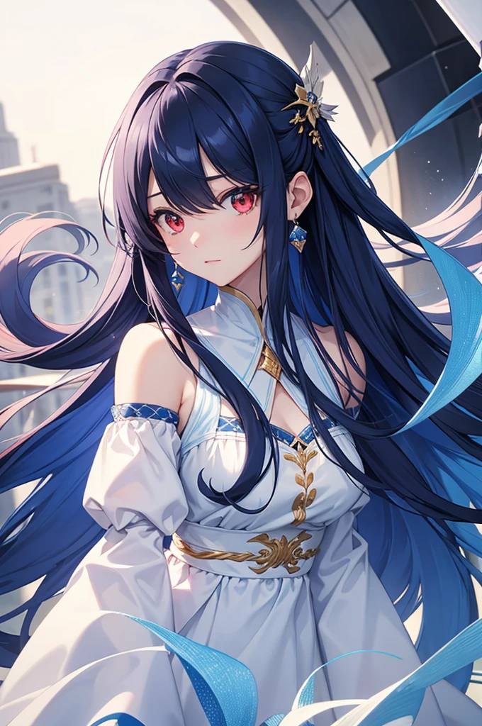 Blue colored long hair、Center parted bangs、Red eyes
