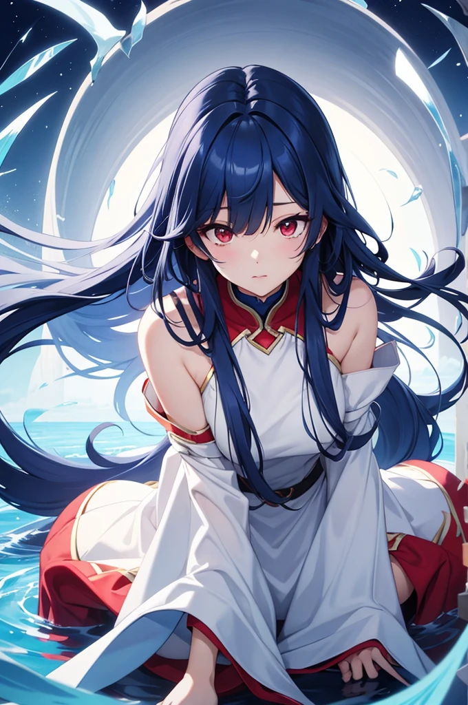 Blue colored long hair、Center parted bangs、Red eyes