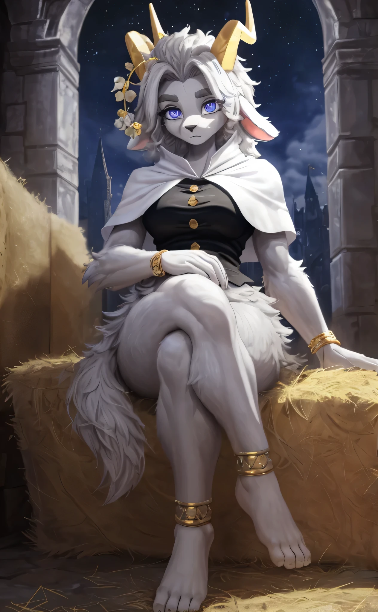 [sybil], [pseudoregalia], ((masterpiece)), ((HD)), ((high res)), ((solo portrait)), ((feet visible)), ((front view)), ((detailed fur)), ((cute cartoon aesthetic)), ((detailed shading)), {(anthro goat woman), (athletic figure), (grey body fur), (black nose), (long droopy bunny ears), (fluffy hair), (yellow narly horns), (bushy dark grey eyebrows), (cute indigo eyes), (long grey eyelashes), (medium breasts), (curvy hips), (beautiful legs), (beautiful feet), (blank expression)}, {(black sleeveless vest), (gold buttons), (white capelet), (gold rings in hair), (gold bracelets), (pantless), (nude)}, {(sitting on hay), (crossed legs), (hands on lap), (looking at viewer)}, [ambient lighting, castle ruins, nighttime, moonlight]