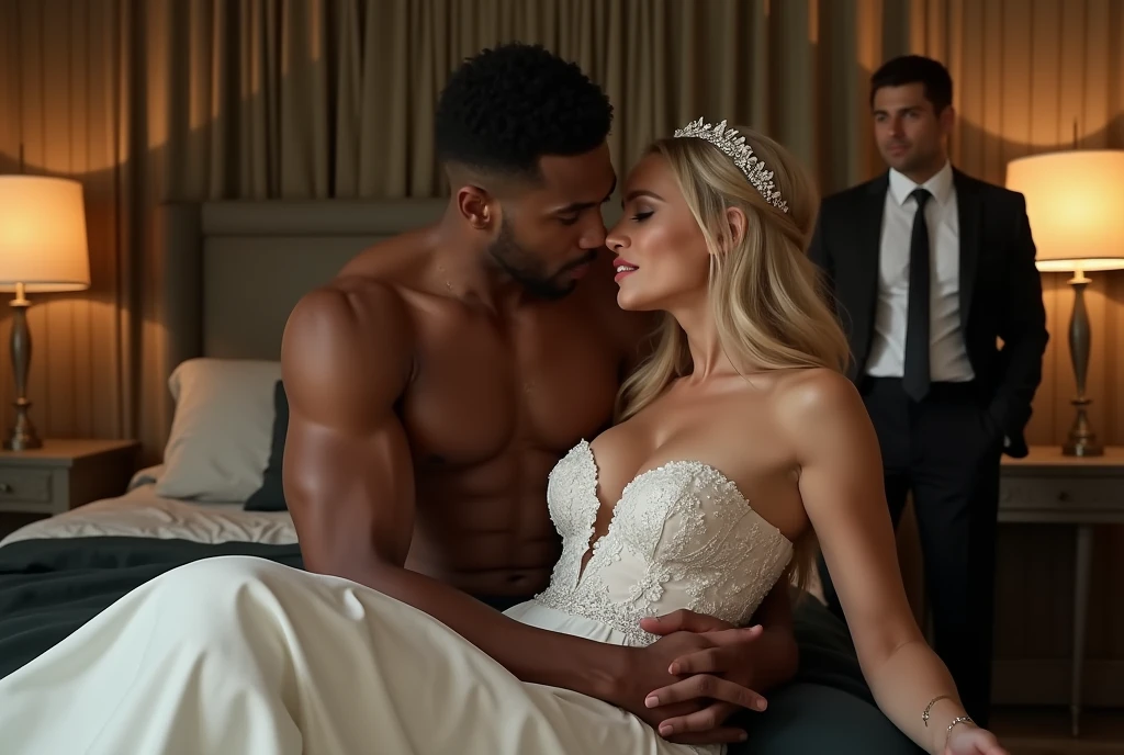 Magnificent detail, 8K Photos, hyper- realism, realistic background, visual depth, wide angle lens, professional light, all-body. {The scene shows a beautiful 25-year-old blonde bride in a wedding dress rolling her eyes upwards expressing sexual pleasure lying on the bed with her hand on the abdomen of a strong, muscular black man., while another man who is her white blond fiancé is in the background of the photo, entering through the door and witnessing the scene with surprise.} {The bride wears a dress that really highlights her body, It has a strapless neckline, one breast is out of the dress.} {The bride has her mouth open expressing feeling an intense orgasm}. {The groom is dressed in a traditional wedding suit and a stylishly arranged slim tie.. She expresses despair at the sight of the scene.} {The black man holds the blonde's breasts with an expression of sexual pleasure. He is shirtless, without any item of clothing, Kale, but her private parts are covered by the bride's dress} {the bride is on the black man's lap, hugging him from the front.} betrayal. sensual image. adult content. Hot kisses and caresses
