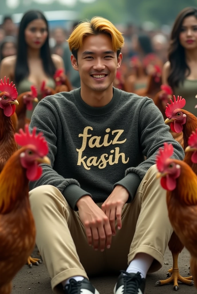 make me a hyper realistic photography HD 18K photo showing a handsome Indonesian man with yellow skin, yellow hair neatly parted on the side, wearing a crewneck sweater containing "Faiz Kasih" with complicated font style, beige chino pants and black and white Nike shoes. The man is seen sitting while bathing Bangkok chickens. in the background there are many beautiful, sexy women looking at the men around them.