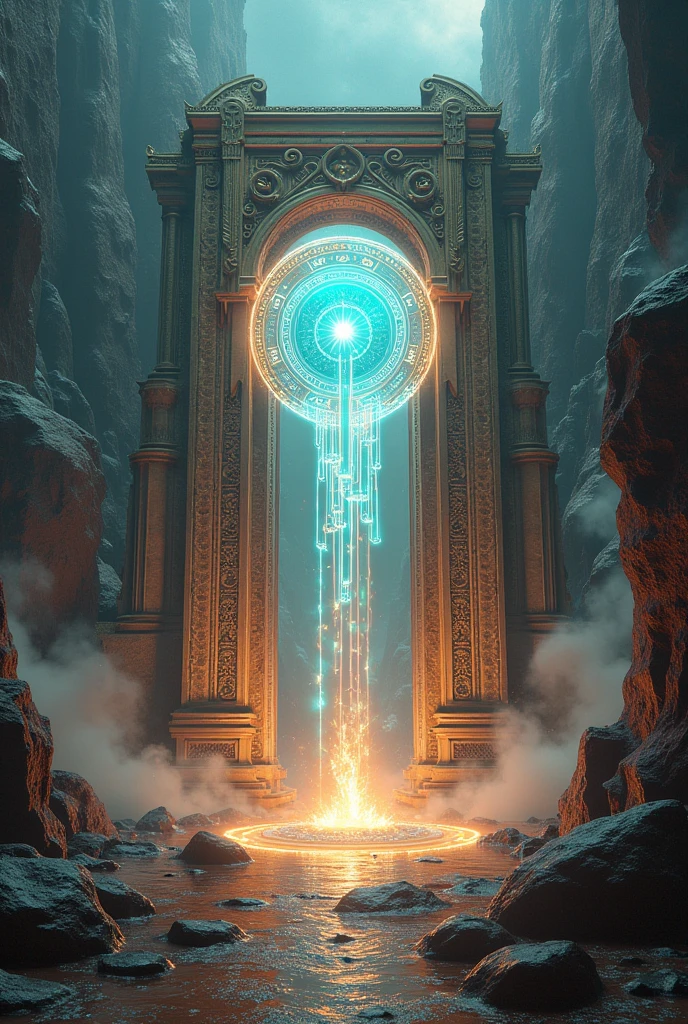  Technology and magic intertwine in visually stunning ways、Explore a unique giant ancient portal environment.,Many Greek words emerge from the mysterious style of the building.. Focus on these mixed circles and magic runes.. Add elements such as glowing crystals and magical energy beams that interact with technology., Create an atmosphere of mysticism and technological decadence. The scene should reflect the fusion of technology and magic., A colour palette with metallic tones., Electricity and magic, Contrast technological progress with apocalyptic collapse.

