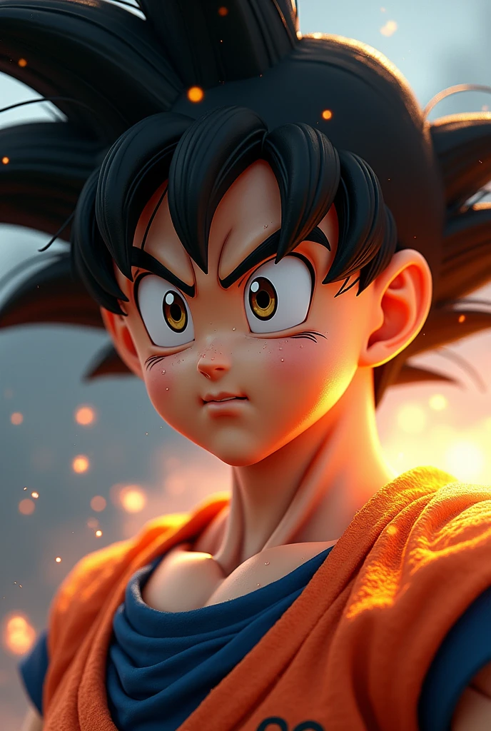 Goku is presented in 16K resolution, with detalles extremadamente finos y precisos, thanks to the rendering technology of Unreal Engine 5 and the processing power of the Nvidia GeForce RTX 4090. His face looks more realistic, with facciones definidas y proporciones humanas. His eyes are a dark brown color, with un brillo realista que refleja la luz. Su nariz y boca están definidas with precisión, No exaggerations.

Your skin has a natural tone, with imperfecciones y texturas que simulan la piel humana. His hair is wet with sweat, with gotas que caen por su rostro y cuello. His clothes are worn and dirty., with arrugas y pliegues que dan una sensación de realismo. Your aura is visualized as an emanation of energy that surrounds your body., with un efecto de iluminación avanzado que simula la luz y la sombra de manera realista.

The film camera used is the Arri Alexa 65, withocida por su capacidad para capturar imágenes with una gran profundidad y riqueza de color. The scene is filmed in a 2-frame format..39:1, with una velocidad de cuadros de 120 fps, which provides a feeling of fluidity and realism. El color se maneja with una gama de colores ampliada, using the HDR10 standard+, allowing for a greater variety of tones and shades.

The lighting was designed to simulate natural light., with