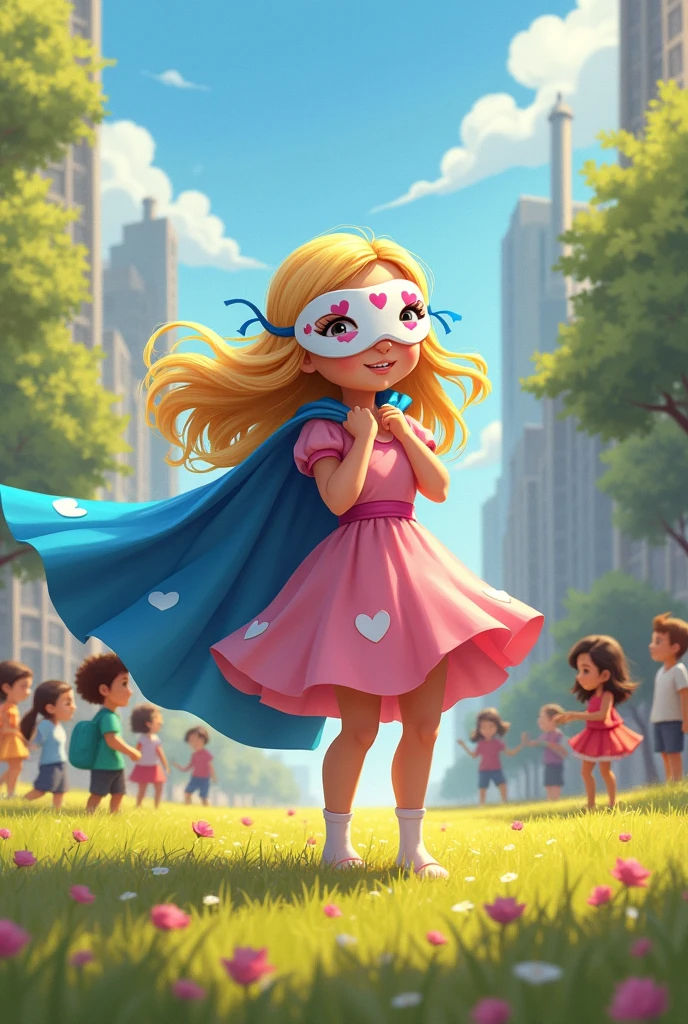 Create an image of a story where you can see a girl with blonde hair, pink dress, putting on his blue cape with white hearts and his white mask with pink hearts, She was talking to some children fighting in an urban field