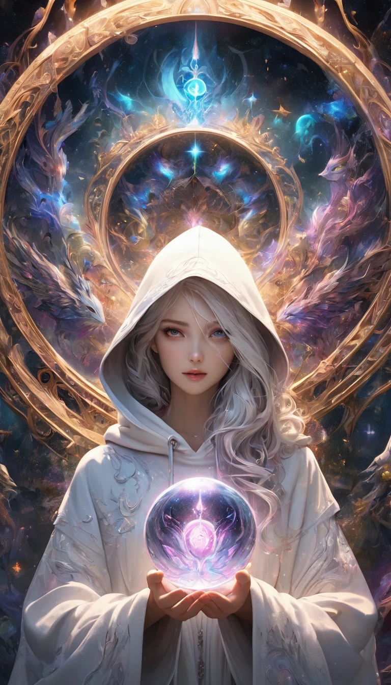 ((Correct Anatomy) )The runes of the mysterious rune magic circle emit a mysterious light.,Attractive and interesting.
Beautiful astrologer with long flowing white hair. Beautiful astrologer in a white shiny hoodie holding a glowing crystal ball.(Inside the crystal ball is a star-shaped totem)Close-up of a man standing in a magic circle and casting a spell. Mysterious,
Exquisite fantasy art Vivid surrealism, magical energy, High Dynamic Range, Dark magic swirl pattern,
Mystical Art of Illusion, Highly detailed dream scene, Immerse yourself in a magical world, Highly detailed art、Delicate and beautiful、
masterpiece、Premium content is extremely detailed、Dynamic angles and an elegant atmosphere Perfect composition Exquisite details Highly detailed digital art
