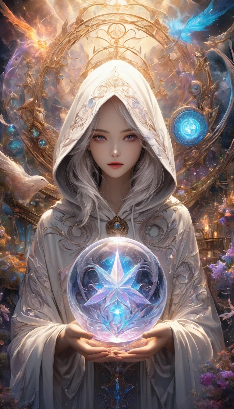 
               ((Correct Anatomy) )The runes of the mysterious rune magic circle emit a mysterious light.，Attractive and interesting. 

                  Beautiful astrologer with long flowing white hair. Beautiful astrologer in a white shiny hoodie holding a glowing crystal ball.(Inside the crystal ball is a star-shaped totem)Close-up of a man standing in a magic circle and casting a spell. Mysterious,

                     Exquisite fantasy art Vivid surrealism, magical energy, High Dynamic Range, Dark magic swirl pattern, 

                       Mystical Art of Illusion, Highly detailed dream scene, Immerse yourself in a magical world, Highly detailed art、Delicate and beautiful、

                              masterpiece、Premium content is extremely detailed、Dynamic angles and an elegant atmosphere Perfect composition Exquisite details Highly detailed digital art