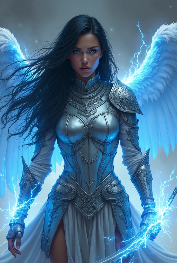(young woman )( with blue eyes that radiate blue rays) (black hair ) ( that from his hands rays of power come out) (She has silver warrior armor with Hebrew letters and a ) (that covers his entire body) ( and a katana with lightning ) (with shining wings) ( and a blue aura) ( with fighting pose) (levitating)