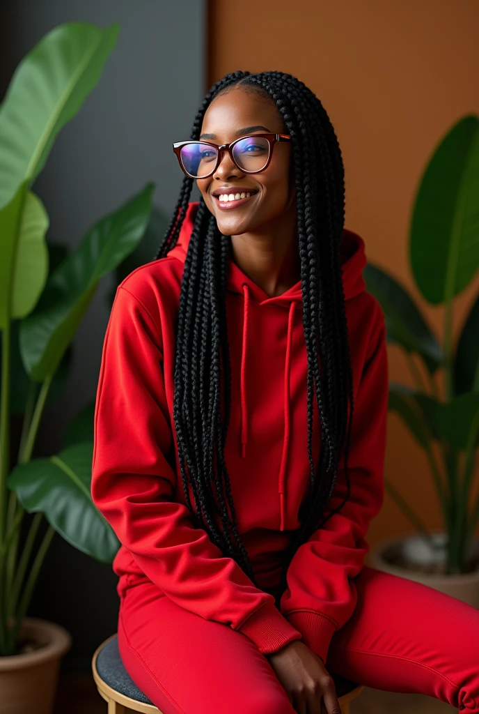 (photorealism:1.2), beautiful black African woman,22 years,sharp boobs, smiling, small low bridge nose,wearing a fitting red hoodie,long braids,oversized photo chromatic glasses, sitting on a photo studio stool, plants in Rihanna