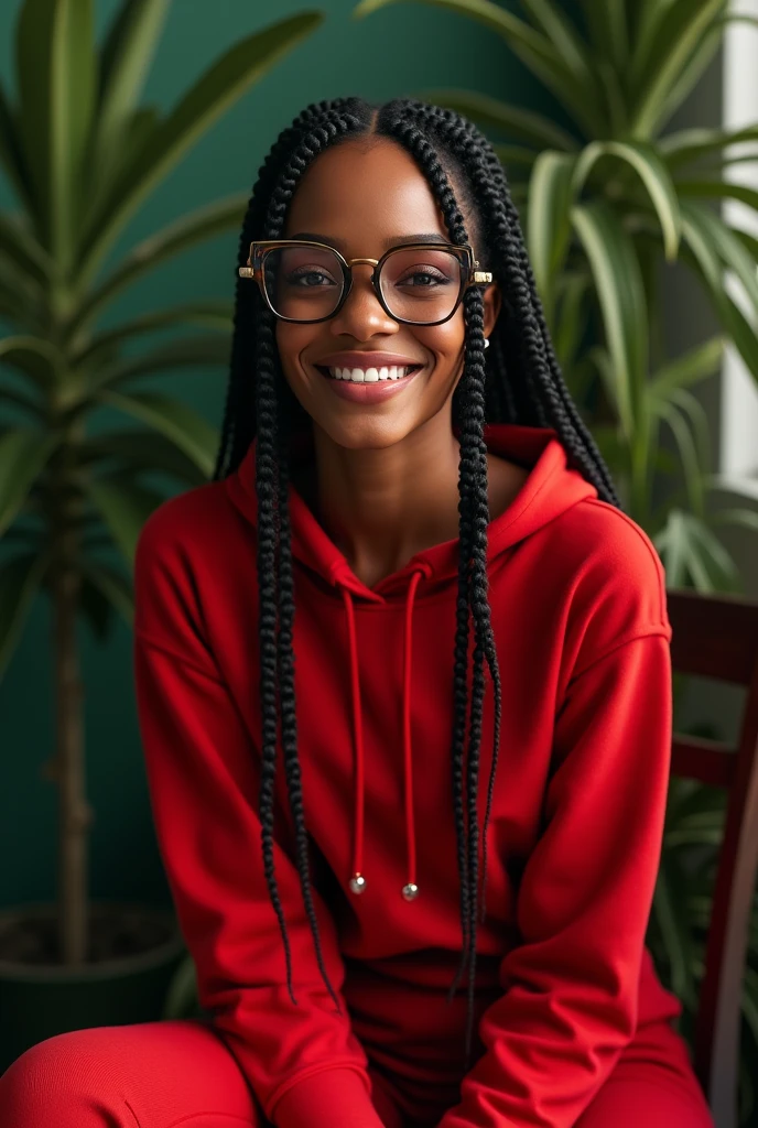 (photorealism:1.2), beautiful black African woman,22 years,sharp boobs, smiling, small low bridge nose,wearing a fitting red hoodie,long braids,oversized photo chromatic glasses, sitting on a photo studio stool, plants in Rihanna