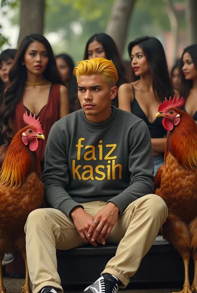 make me a hyper realistic photography HD 18K photo showing a handsome Indonesian man with yellow skin, yellow hair neatly parted on the side, wearing a crewneck sweater containing "Faiz Kasih" with complicated font style, beige chino pants and black and white Nike shoes. The man is seen sitting while bathing Bangkok chickens. in the background there are many beautiful, sexy women looking at the men around them.