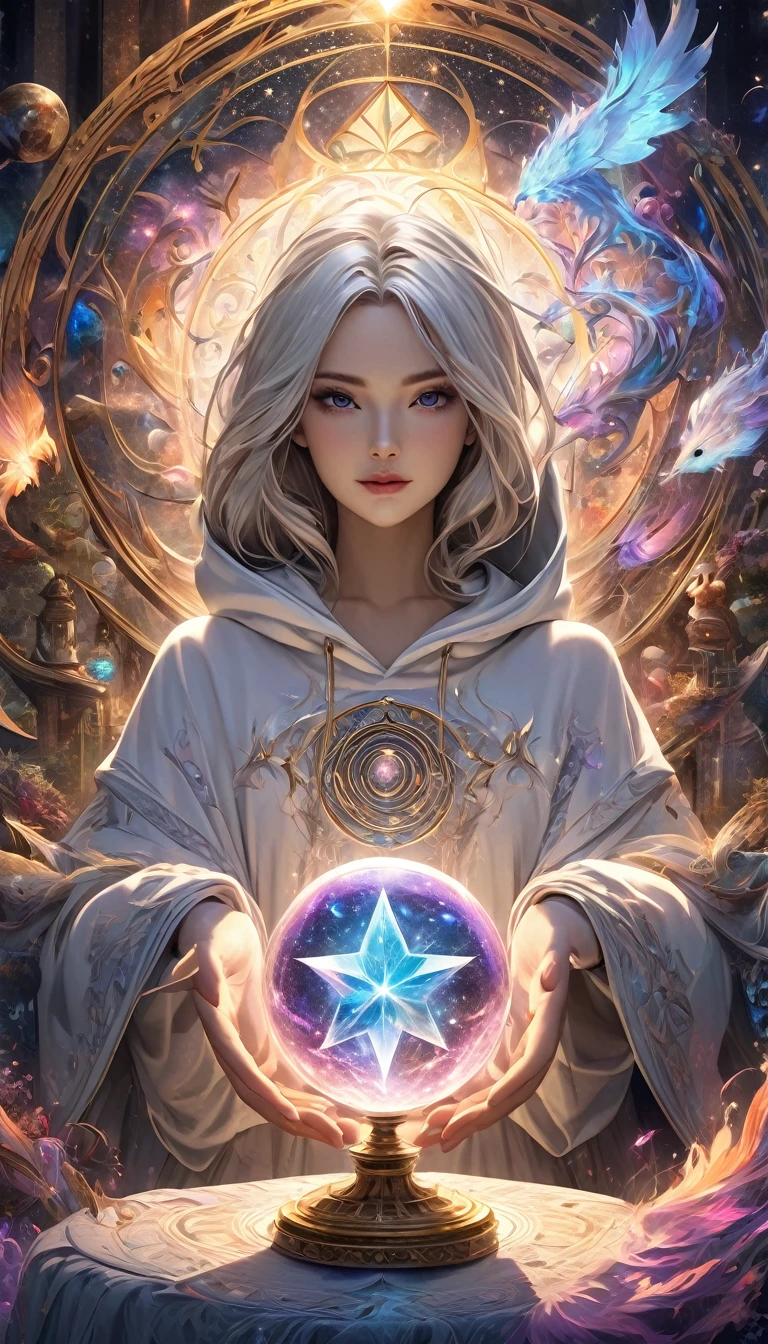 ((Correct Anatomy) )The runes of the mysterious rune magic circle emit a mysterious light.，Attractive and interesting. Beautiful astrologer with long flowing white hair. Beautiful astrologer in a white shiny hoodie holding a glowing crystal ball.(Inside the crystal ball is a star-shaped totem)Close-up of a man standing in a magic circle and casting a spell. Mysterious, Exquisite fantasy art Vivid surrealism, magical energy, High Dynamic Range, Dark magic swirl pattern, Mystical Art of Illusion, Highly detailed dream scene, Immerse yourself in a magical world, Highly detailed art、Delicate and beautiful、 masterpiece、Premium content is extremely detailed、Dynamic angles and an elegant atmosphere Perfect composition Exquisite details Highly detailed digital art