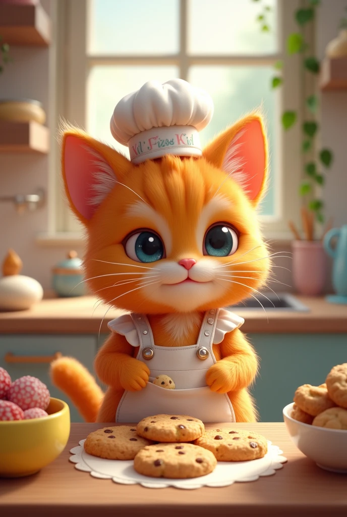 A kawaii orange cat cooking cookies