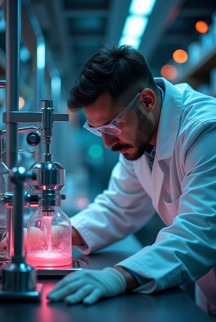 a scientist in a lab, detailed scientist, laboratory equipment, scientific instruments, mutant serum, mutated creature, mutated monster, highly detailed, hyper realistic, cinematic lighting, dramatic lighting, vibrant colors, photorealistic, 8k, award winning art