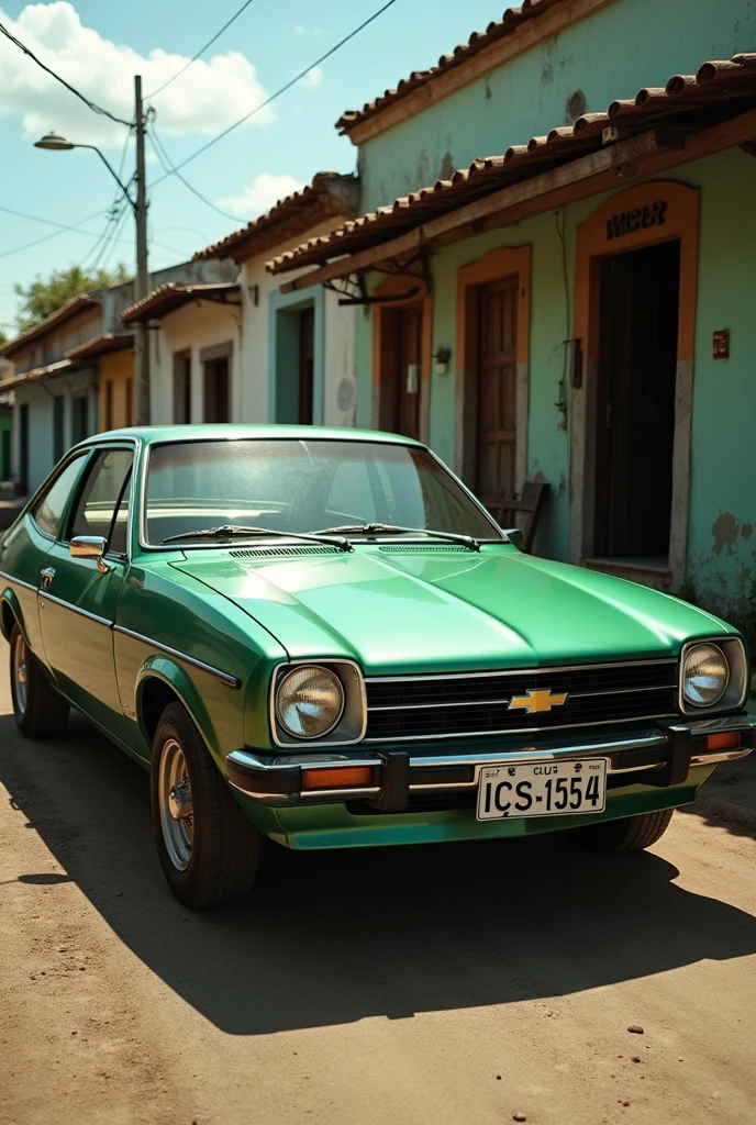 Latest release of the Chevette car in metallic green color, Chevrolet logo, plate with the initials ICS and the number 1954, parked on a street of old and humble houses in northeastern Brazil.