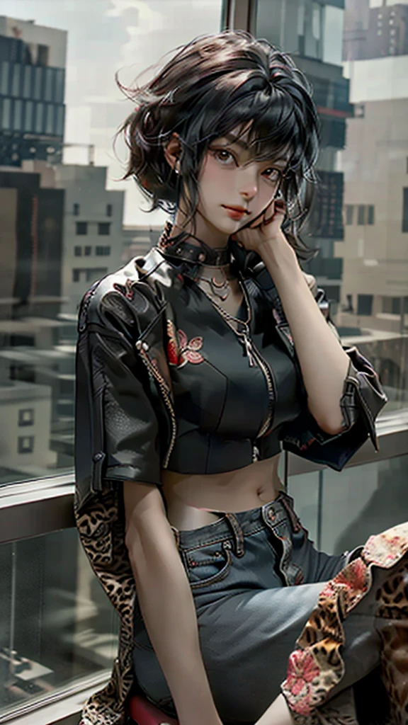Black Hair、Spiky Hair、choker、Silver Necklace、See-through running shirt、To take apart, to dismantle、Red and leopard print leather jacket、chain、rivet、Distressed jeans with floral embroidery. A room in a high-rise building.、Looking Outside、Sitting in a leather chair with a high back, legs crossed、Sit leaning back、Wearing red high heels、anklet、I play with my necklace with my right hand、Tilting his head, he gazes at the buildings beyond the glass、A smirking, scheming expression、A boy sitting in a chair in a high-rise building, looking outside.masterpiece, best quality, detailed, ultra detailed, insanely detailed, exquisite, beautiful、masterpiece、