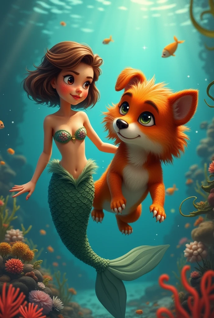 A realistic brunette mermaid with freckles, short hair, redhead, curly haired dog with a stylized body.