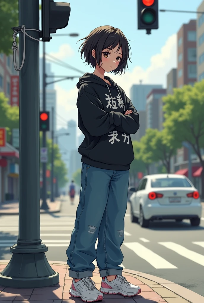 adult girl, of short stature, light brown asian eyes, sad eyebrows, short messy black hair, big breasts, big breasts, black sweater with white Chinese letter print, baggy jeans, white with pale pink sports shoes, stop on the sidewalk, waiting for traffic light to cross the street, holding sore arms from training.