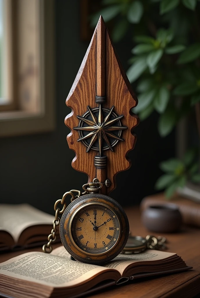 A wooden arrow with a compass rose on the body, a pocket watch