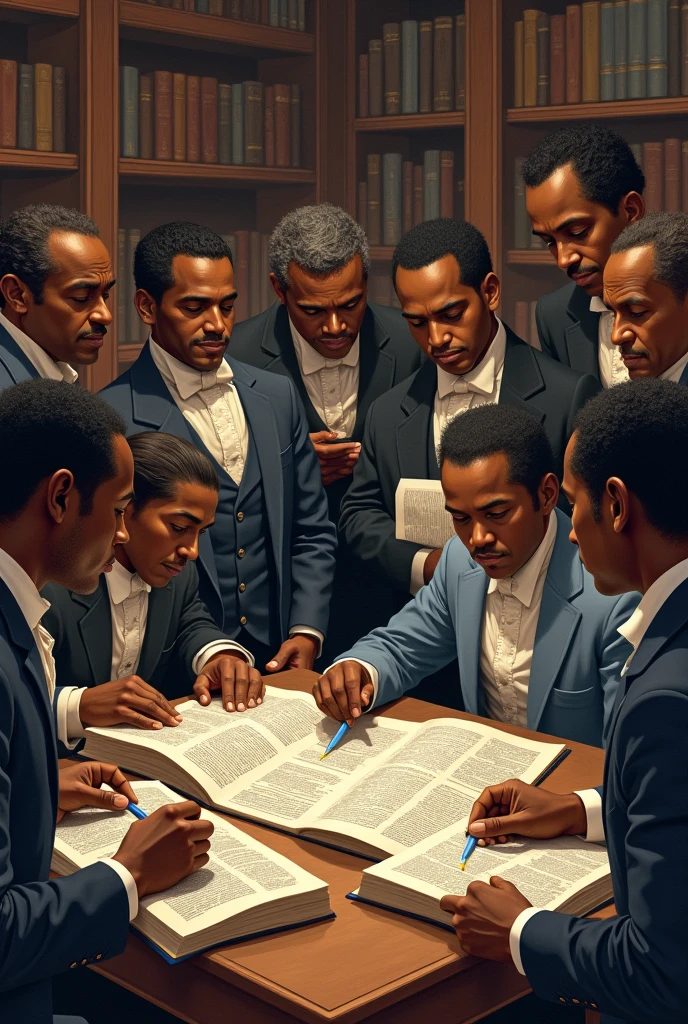An illustration showing Creole intellectuals in a reading room, Analyzing books and newspapers containing revolutionary ideas from the French Revolution. The scene could include French symbols, like the tricolor flag or the Phrygian cap, reflecting the ideological influence on this select group.