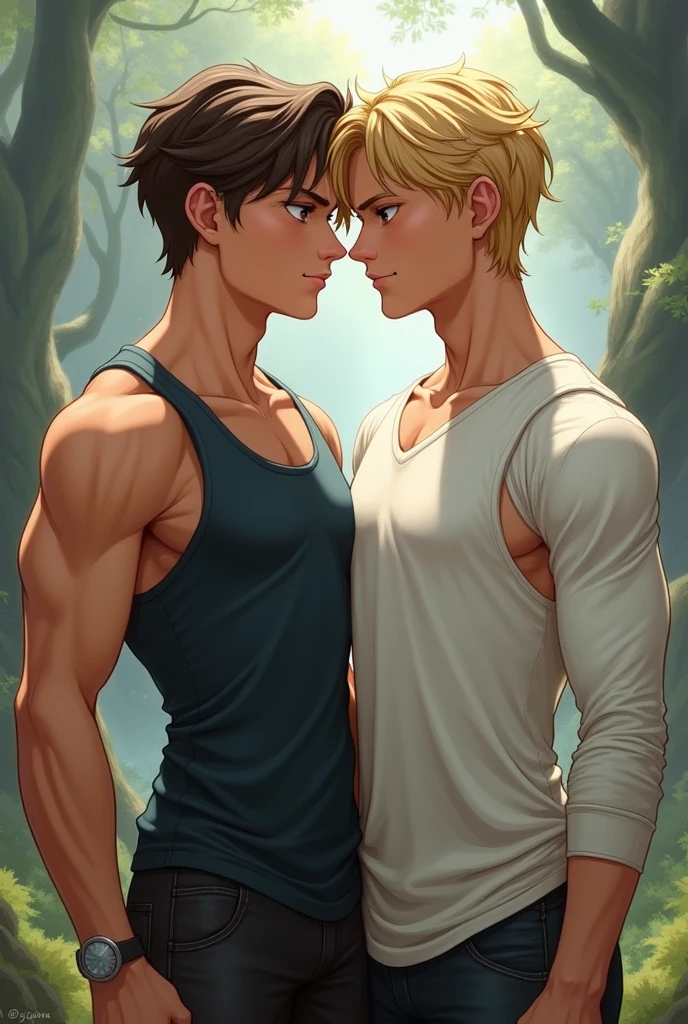 Fantasy Brothers, handsome young man with brown hair wearing a tank top without a shirt and another young man with blond hair wearing a tank top and a white long sleeved athlete shirt.