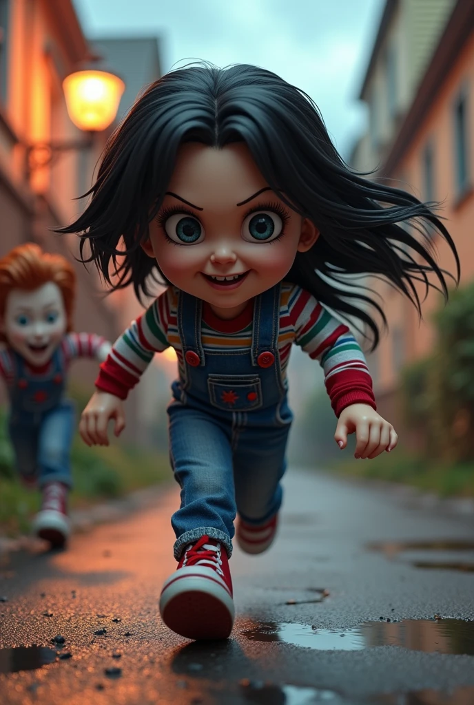 drawing of a black haired girl running away from a very angry chucky roblox style very roblox style roblox style

