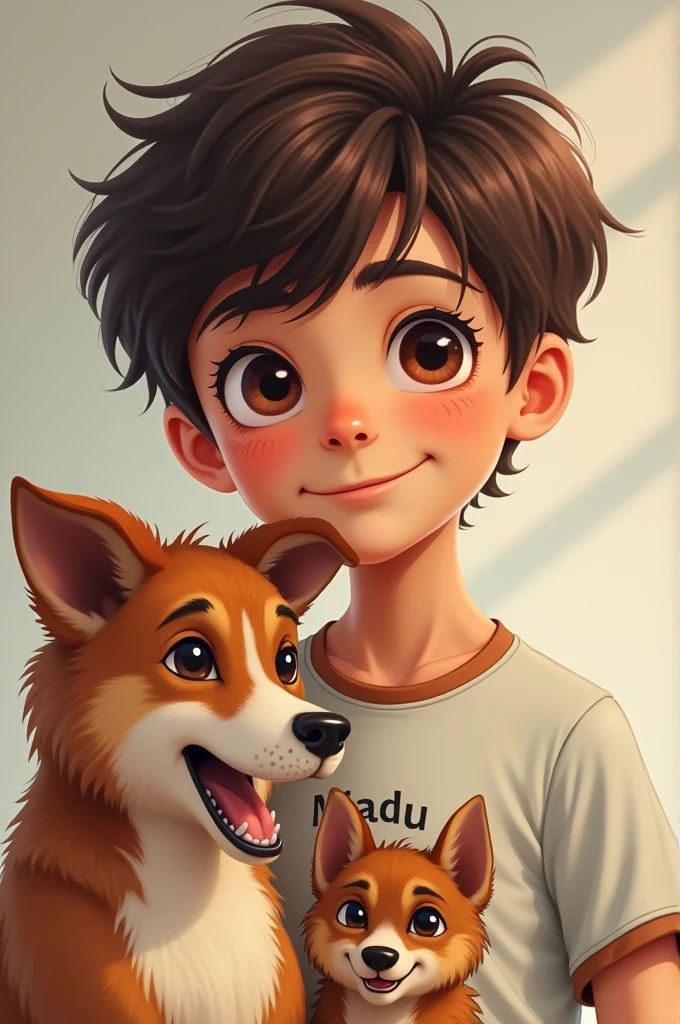 A -yeld boith a dog named Naduu on his shirt.