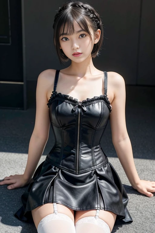 masterpiece, 1 beautiful girl, Highest quality, 超High resolution, (reality: 1.4), Original photo, Cinema Lighting, Japan, Asian Beauty, so beautiful, Beautiful Skin, thin, (超reality的な), (High resolution), (8k), (Very detailed), (Best illustrations), (Beautiful narrow eyes), (Very detailedな) , Delicate face, Looking at the audience, direct view, (Lemon Dress,leather corset dress) , short hair, Black Hair, 46 point side bangs, White Church, Clean atmosphere,mini skirt,garter belt,sit,Small braids,Braids on either side of the face,Black knee-high stockings information